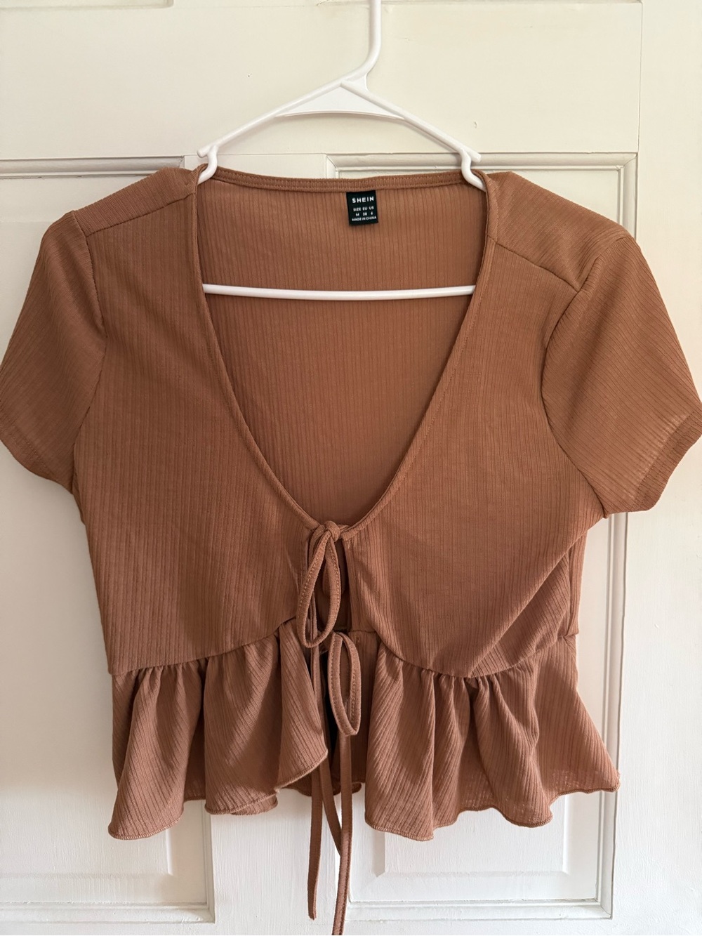 Rust Brown Ribbed Tie-Front Ruffle Crop Top